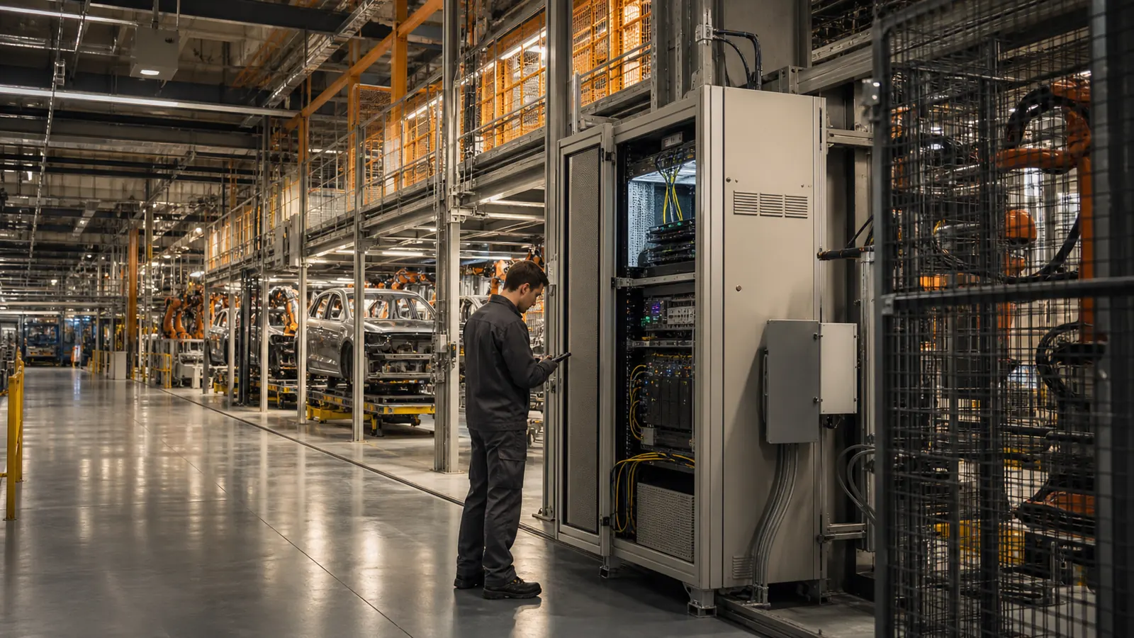 Modern üretim tesisinde IT altyapısını kontrol eden teknik uzman