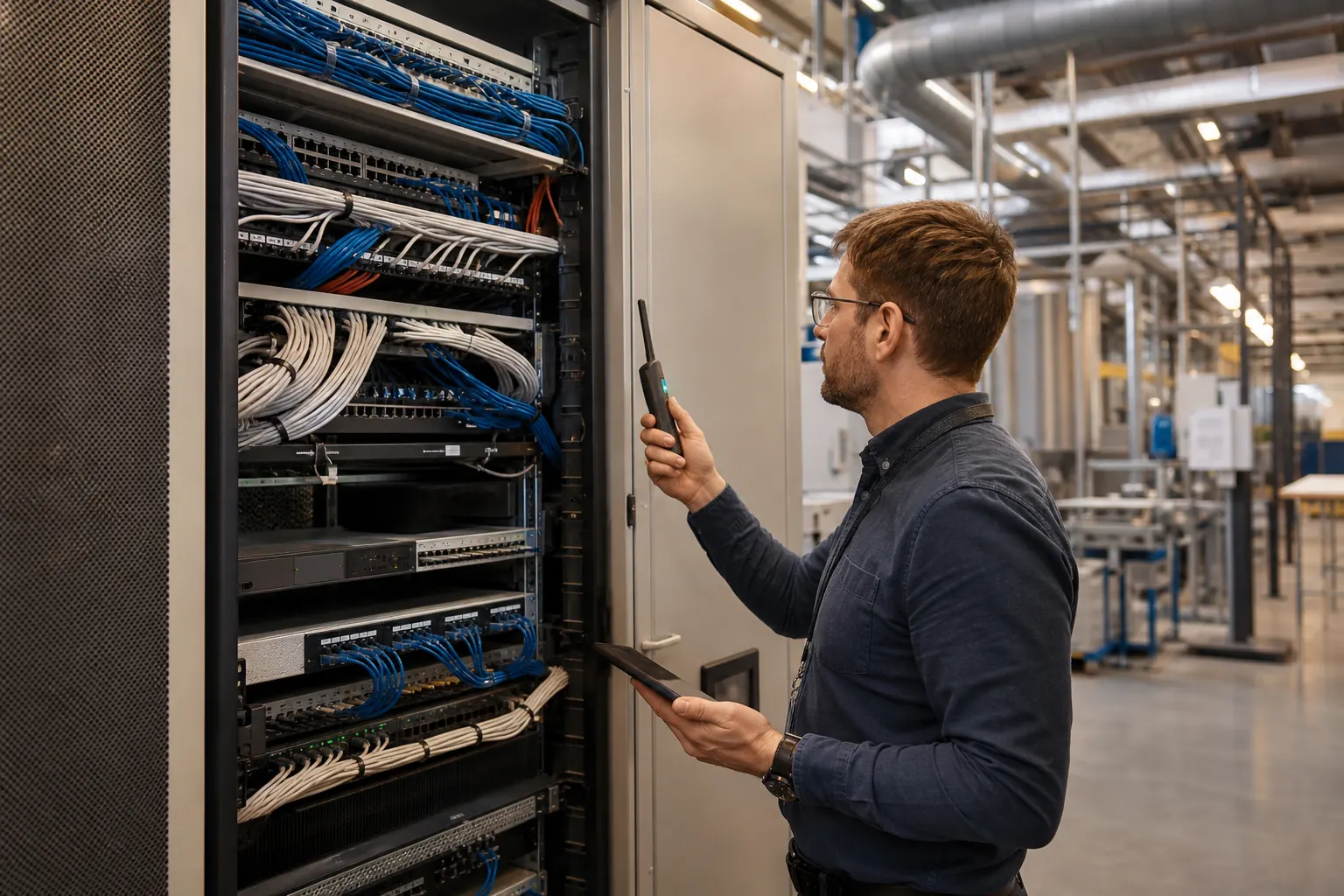 Üretim tesisinde network altyapısını kontrol eden uzman